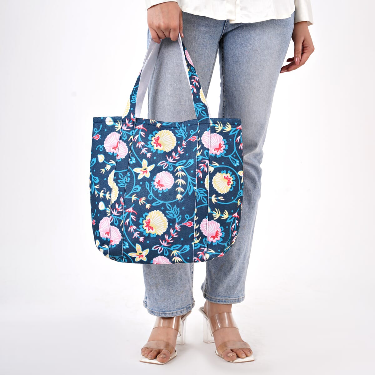 Sky Blue Vivid Digital Floral Printed Fabric Tote Bag (Buy One Get One Free) image number 3