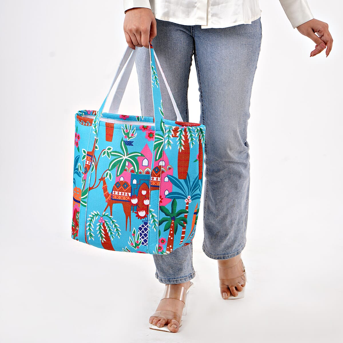 Turquoise Vivid Digital Camel Printed Fabric Tote Bag (Buy One Get One Free) image number 3