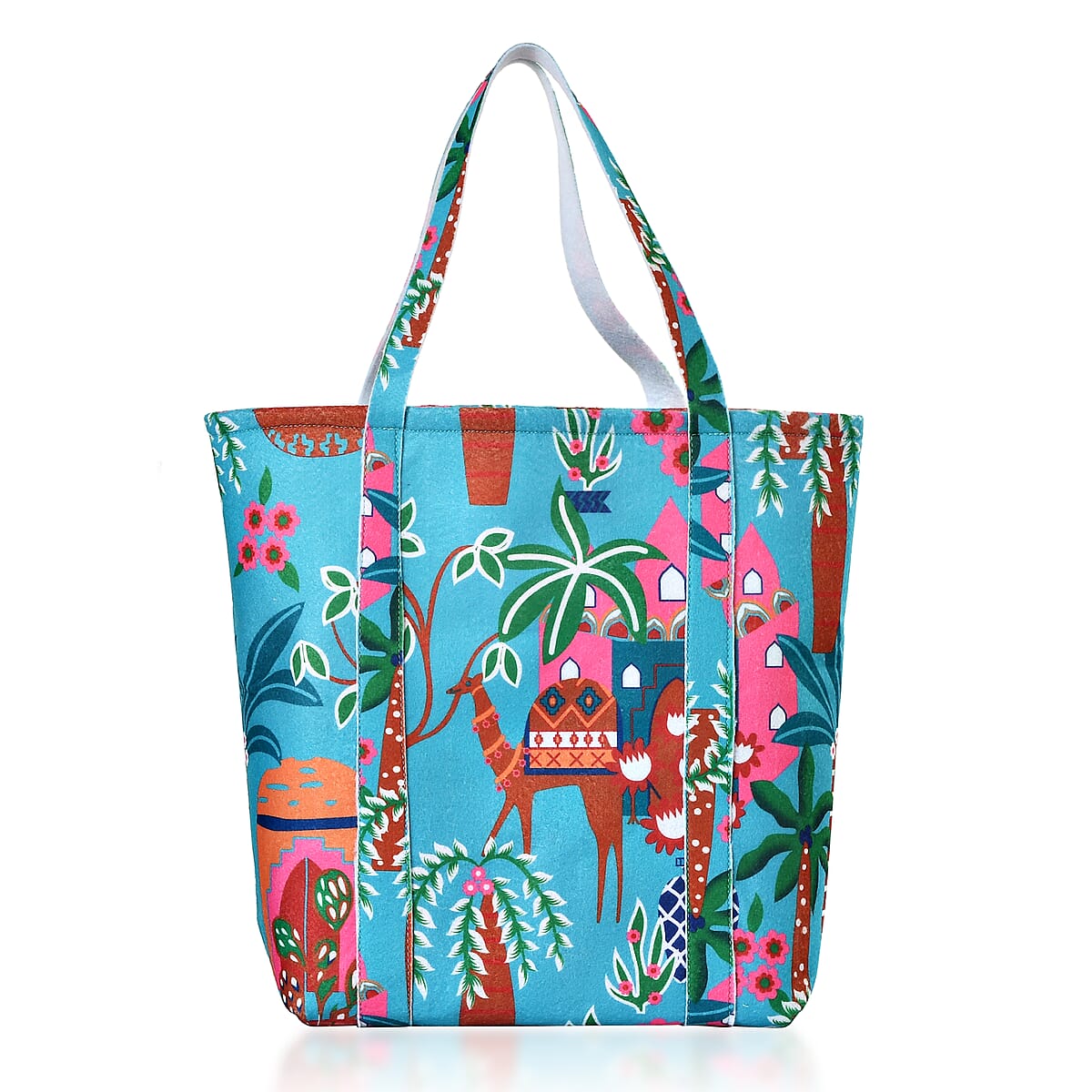 Turquoise Vivid Digital Camel Printed Fabric Tote Bag (Buy One Get One Free) image number 5