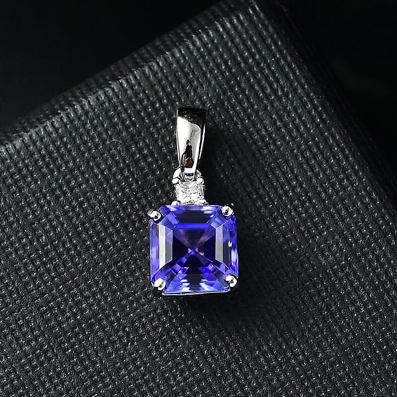 Rhapsody Asscher Cut AAAA Tanzanite and Diamond E-F VS 2.10 ctw Pendant without Chain in 950 Platinu