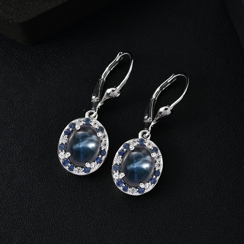 D'Joy Blue Star Sapphire (DF) and Multi Gemstone 7.30 ctw Celestial Earrings in Rhodium Over Sterling Silver