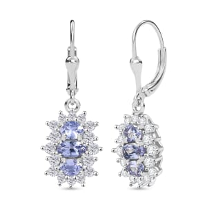 D'Joy Tanzanite and White Zircon 2.10 ctw Blooming Flower Lever Back Earrings in Rhodium Over Sterling Silver