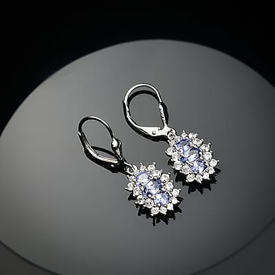 D'Joy Tanzanite and White Zircon 2.10 ctw Blooming Flower Lever Back Earrings in Rhodium Over Sterling Silver