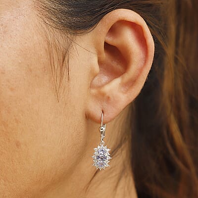 D'Joy Tanzanite and White Zircon 2.10 ctw Blooming Flower Lever Back Earrings in Rhodium Over Sterling Silver
