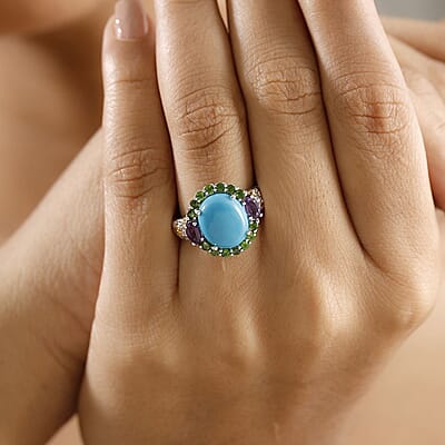 D'Joy Sleeping Beauty Turquoise and Multi Gemstone 5.40 ctw Celestial Halo Ring in Vermeil YG and Rhodium Over Sterling Silver (Size 10.0)