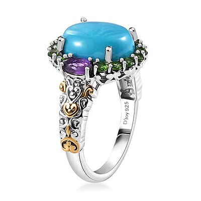 D'Joy Sleeping Beauty Turquoise and Multi Gemstone 5.40 ctw Celestial Halo Ring in Vermeil YG and Rhodium Over Sterling Silver (Size 10.0)