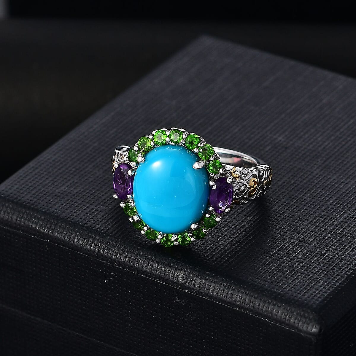 Sleeping Beauty Turquoise and Multi Gemstone 5.40 ctw Celestial Halo Ring in Vermeil YG and Rhodium Over Sterling Silver (Size 8.0) image number 1