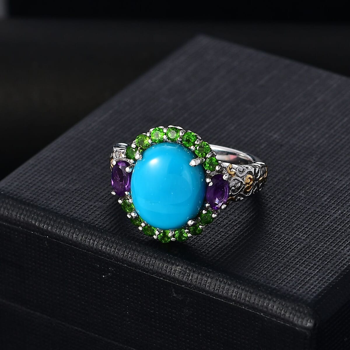 Sleeping Beauty Turquoise and Multi Gemstone 5.40 ctw Celestial Halo Ring in Vermeil YG and Rhodium Over Sterling Silver (Size 9.0) image number 1