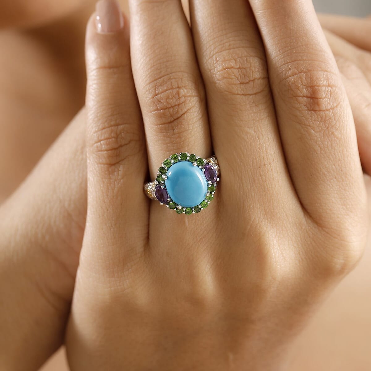 Sleeping Beauty Turquoise and Multi Gemstone 5.40 ctw Celestial Halo Ring in Vermeil YG and Rhodium Over Sterling Silver (Size 9.0) image number 2
