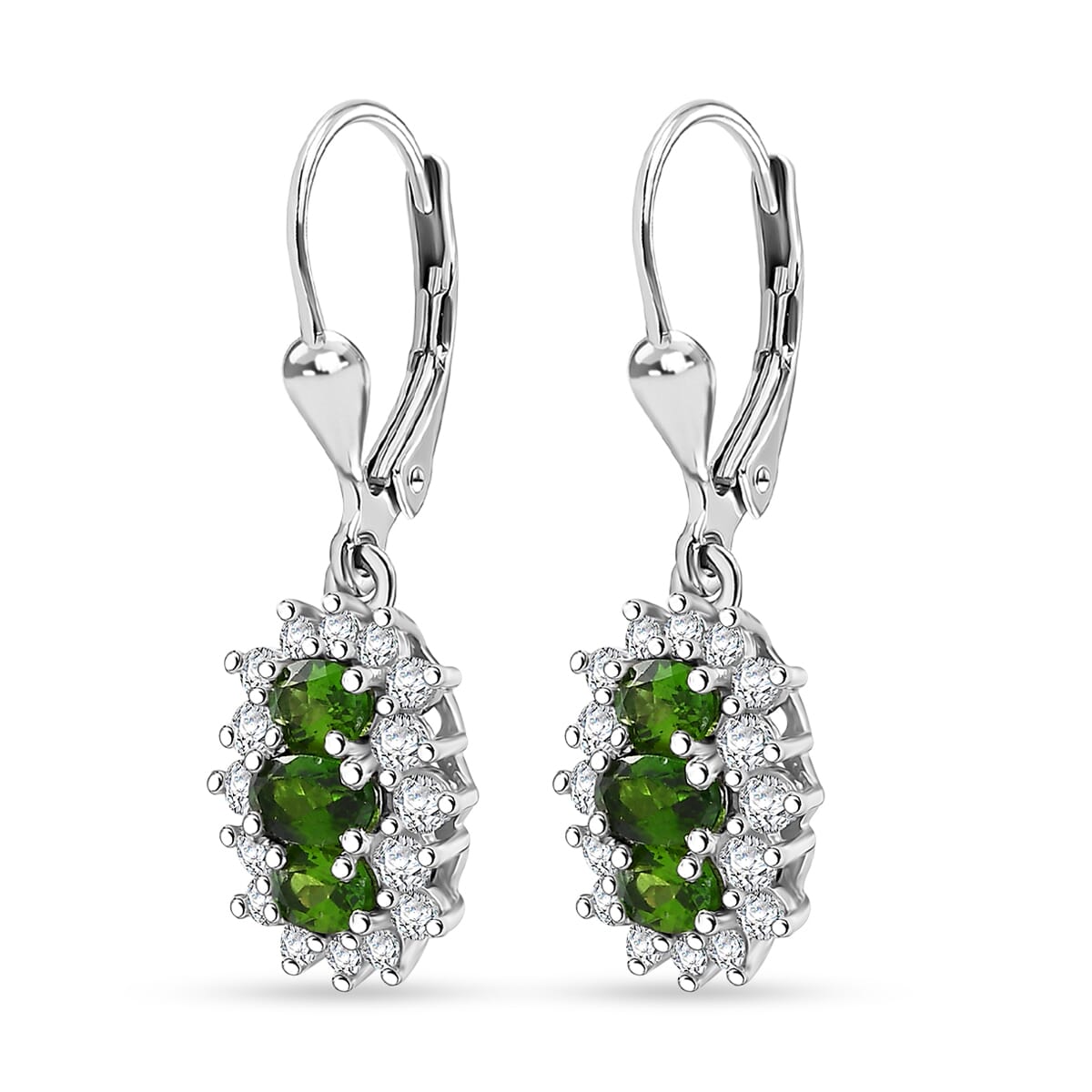 D'Joy Chrome Diopside and White Zircon 2.40 ctw Blooming Flower Lever Back Earrings in Rhodium Over Sterling Silver image number 3