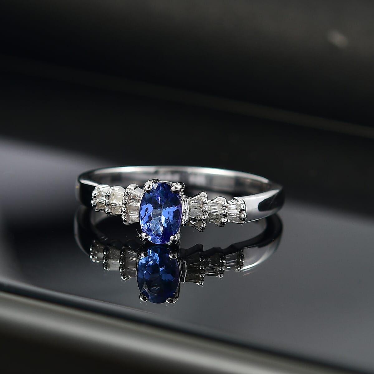 AAA Tanzanite and Diamond 0.60 ctw Ballerina Ring in Rhodium Over Sterling Silver (Size 8.0) image number 1