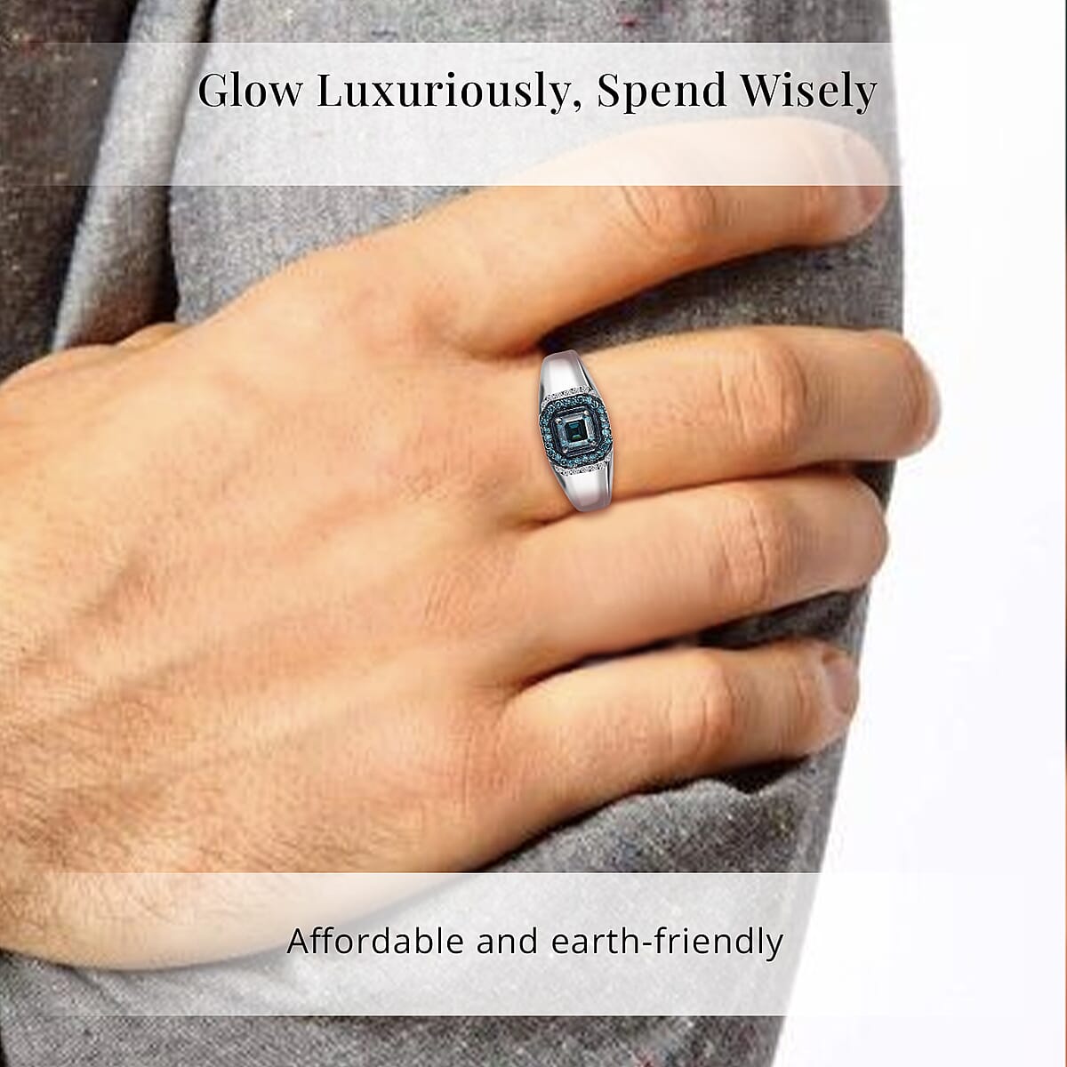 Asscher Cut Luxuriant Lab Grown Blue and White Diamond 1.10 ctw Men's Ring in Rhodium Over Sterling Silver (Size 13.0) image number 1