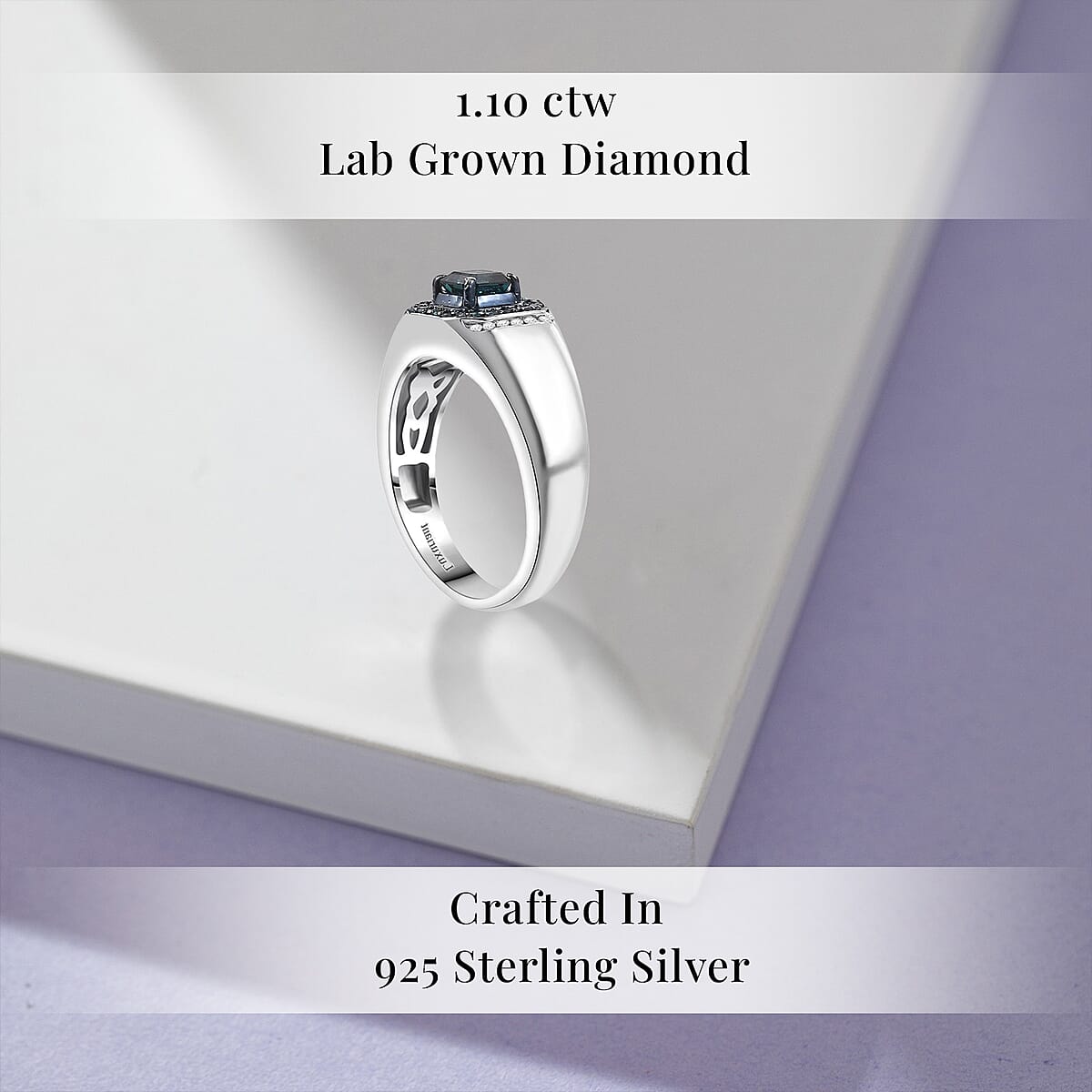 Asscher Cut Luxuriant Lab Grown Blue and White Diamond 1.10 ctw Men's Ring in Rhodium Over Sterling Silver (Size 13.0) image number 2