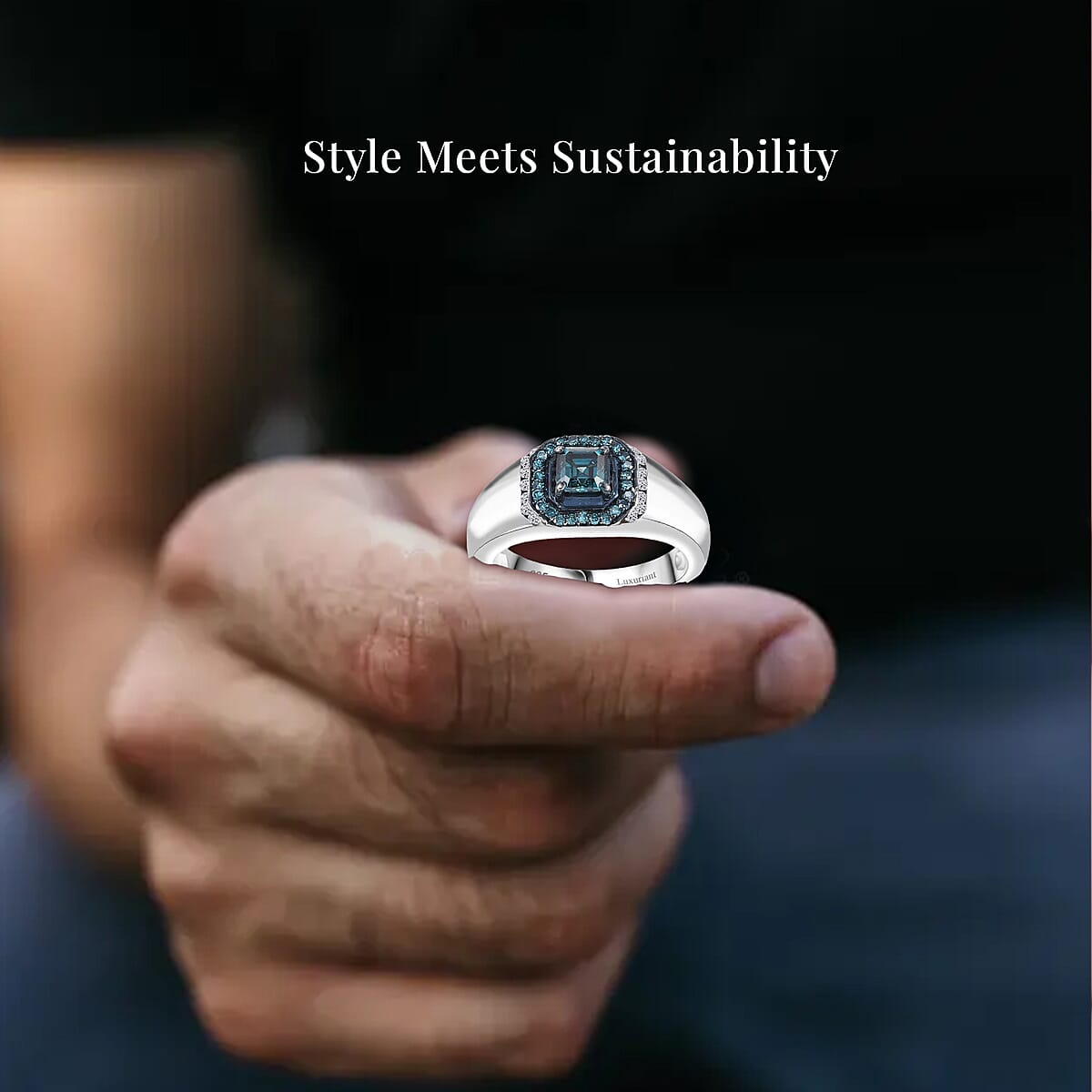 Asscher Cut Luxuriant Lab Grown Blue and White Diamond 1.10 ctw Men's Ring in Rhodium Over Sterling Silver (Size 13.0) image number 4