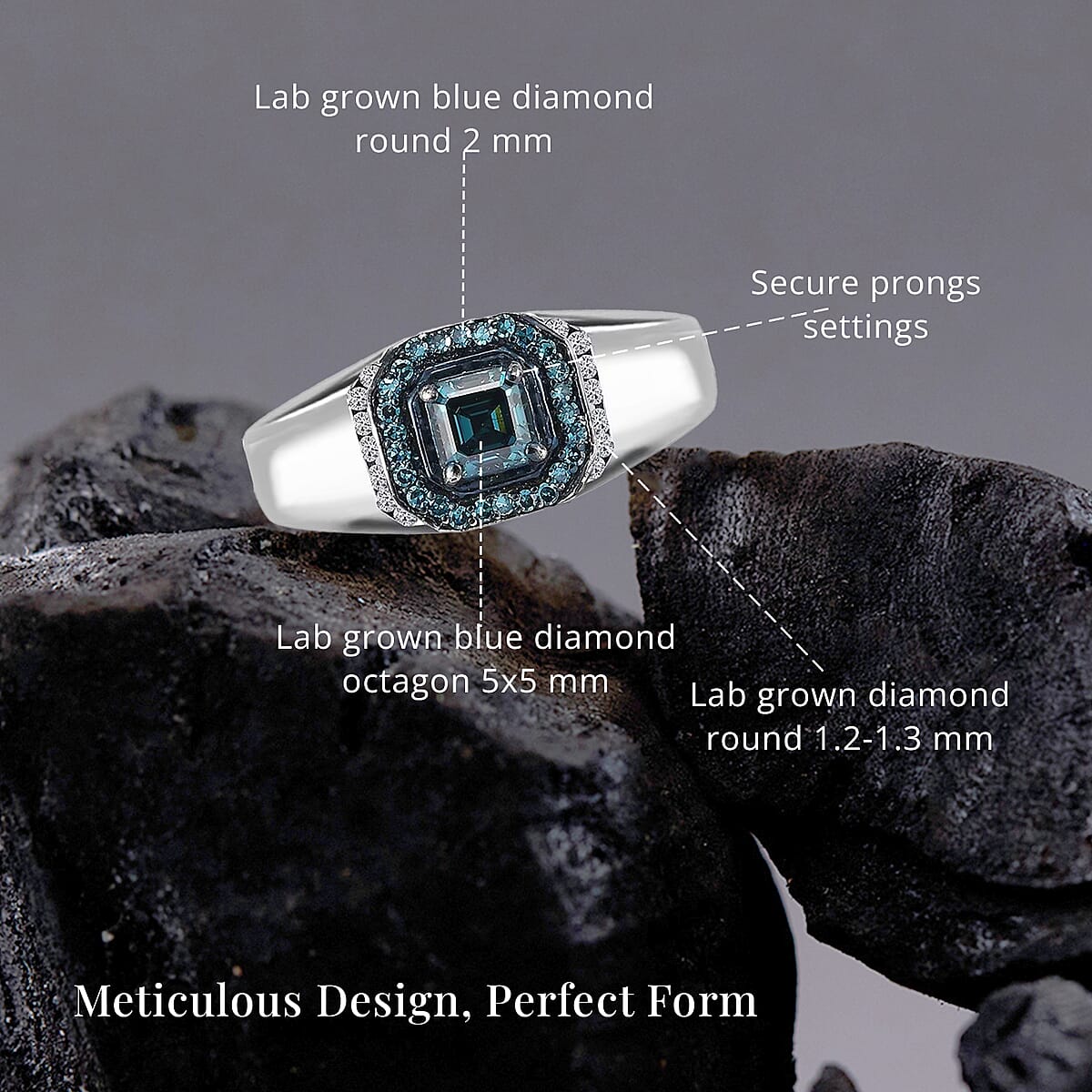 Asscher Cut Luxuriant Lab Grown Blue and White Diamond 1.10 ctw Men's Ring in Rhodium Over Sterling Silver (Size 13.0) image number 5