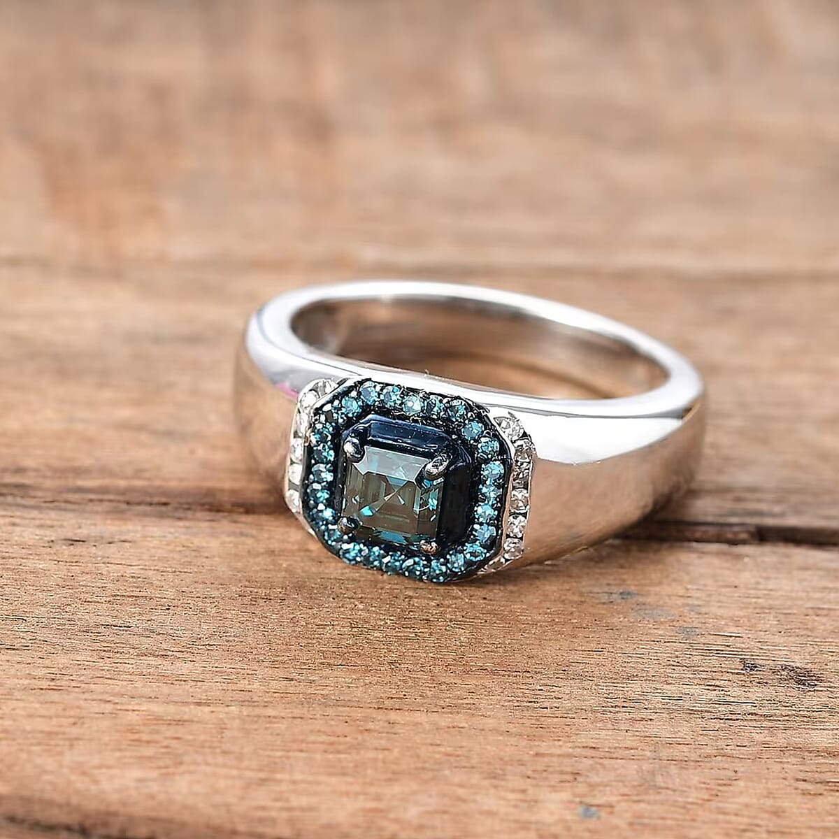 Asscher Cut Luxuriant Lab Grown Blue and White Diamond 1.10 ctw Men's Ring in Rhodium Over Sterling Silver (Size 13.0) image number 7