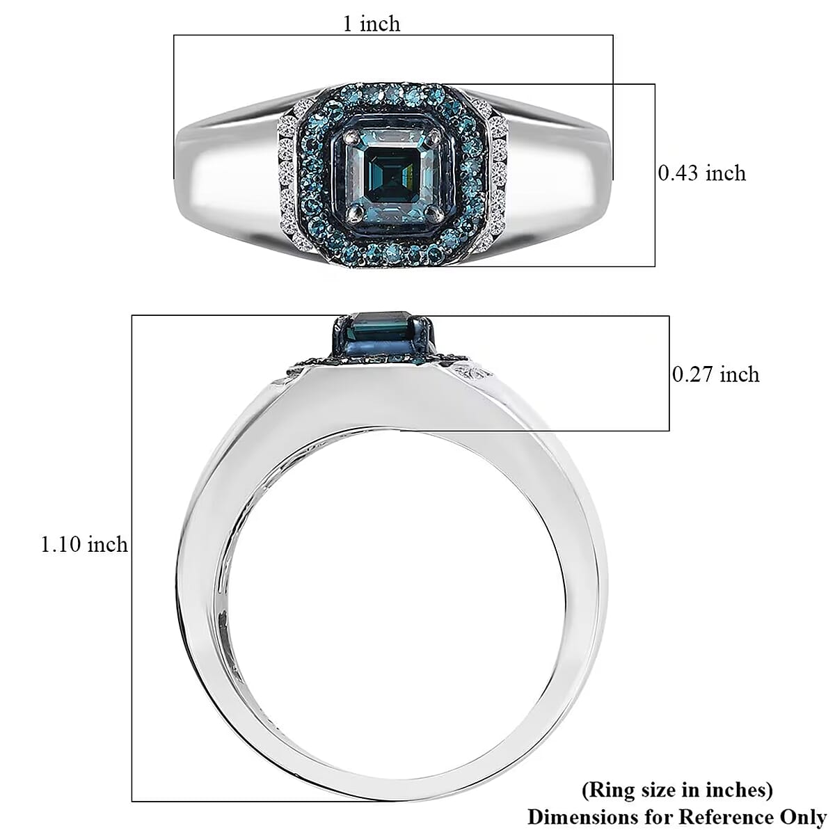 Asscher Cut Luxuriant Lab Grown Blue and White Diamond 1.10 ctw Men's Ring in Rhodium Over Sterling Silver (Size 13.0) image number 8