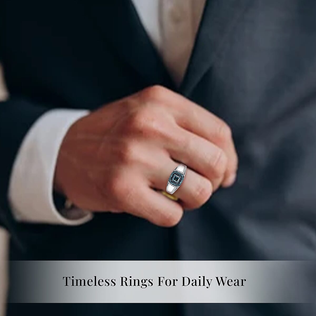 Asscher Cut Luxuriant Lab Grown Blue Diamond (IR) and Lab Grown White Diamond 1.10 ctw Men's Ring in Rhodium Over Sterling Silver (Size 14.0) image number 6