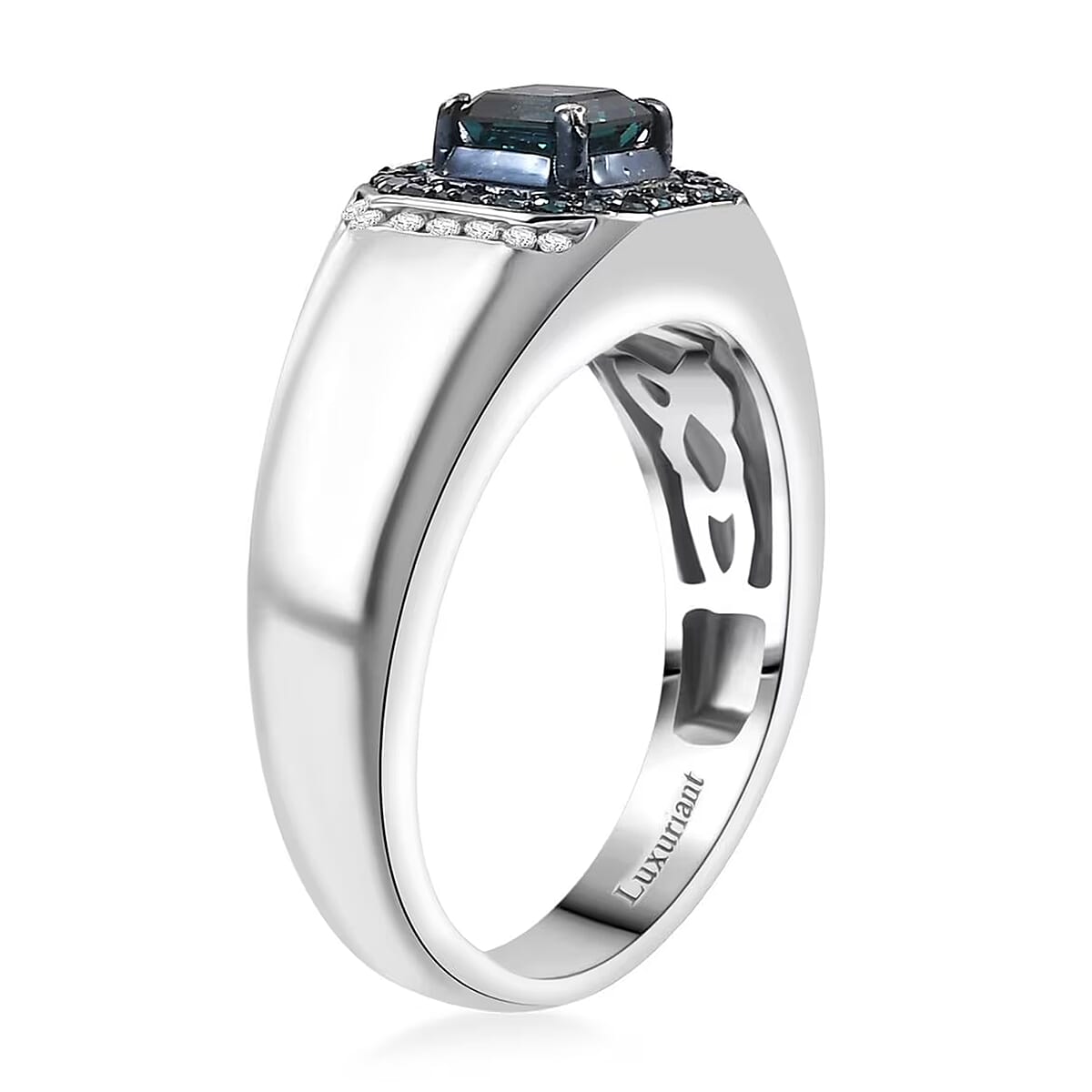 Asscher Cut Luxuriant Lab Grown Blue Diamond (IR) and Lab Grown White Diamond 1.10 ctw Men's Ring in Rhodium Over Sterling Silver (Size 14.0) image number 9