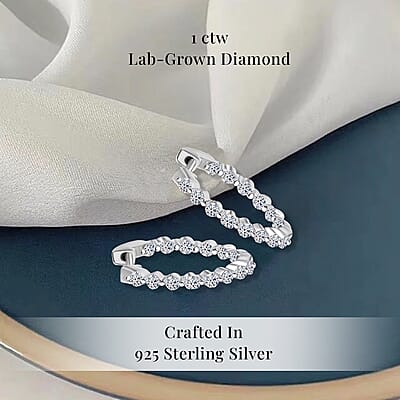 Luxuriant Lab Grown Diamond SI 1.00 ctw Hoop Earrings in Rhodium Over Sterling Silver