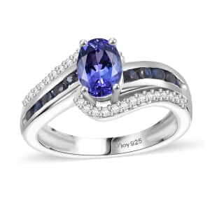 AAA Tanzanite and Multi Gemstone 1.50 ctw Bypass Ring in Rhodium Over Sterling Silver (Size 10.0)