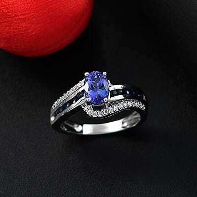 AAA Tanzanite and Multi Gemstone 1.50 ctw Bypass Ring in Rhodium Over Sterling Silver (Size 10.0)