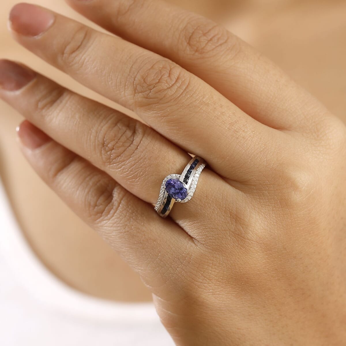 AAA Tanzanite and Multi Gemstone 1.50 ctw Bypass Ring in Rhodium Over Sterling Silver (Size 8.0) image number 2