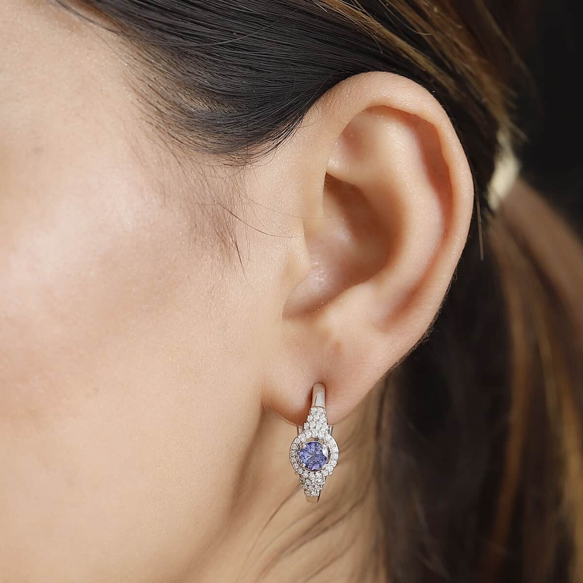 AAA Tanzanite and Moissanite 1.40 ctw Latch Back Earrings in Rhodium Over Sterling Silver image number 2