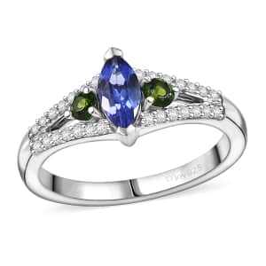 AAA Tanzanites and Multi Gemstone 0.70 ctw Split Shank Ring in Rhodium Over Sterling Silver (Size 10.0)