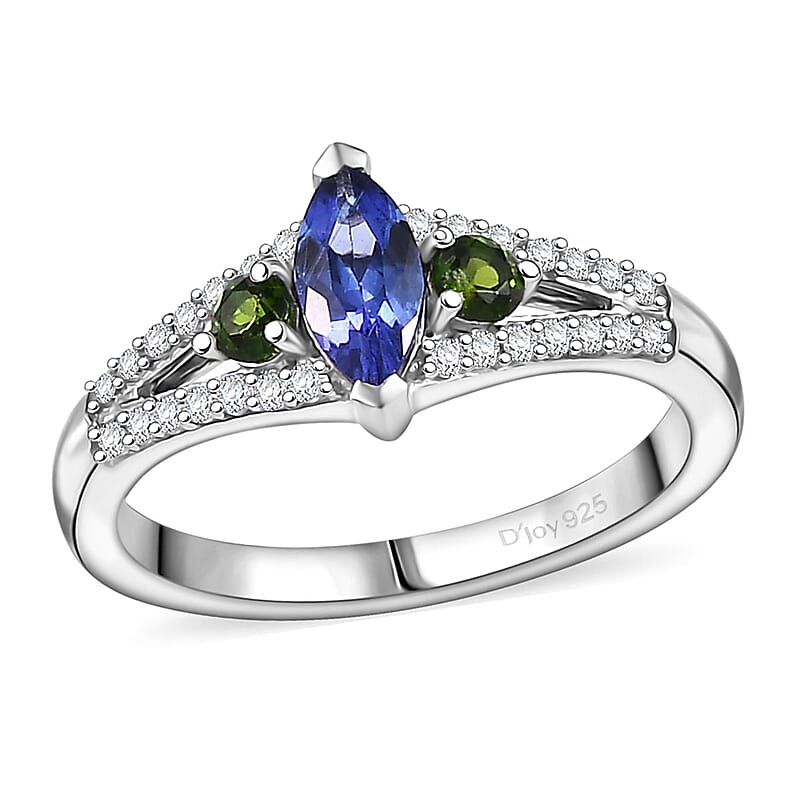 D'Joy AAA Tanzanites and Multi Gemstone 0.70 ctw Split Shank Ring in Rhodium Over Sterling Silver (Size 10.0)