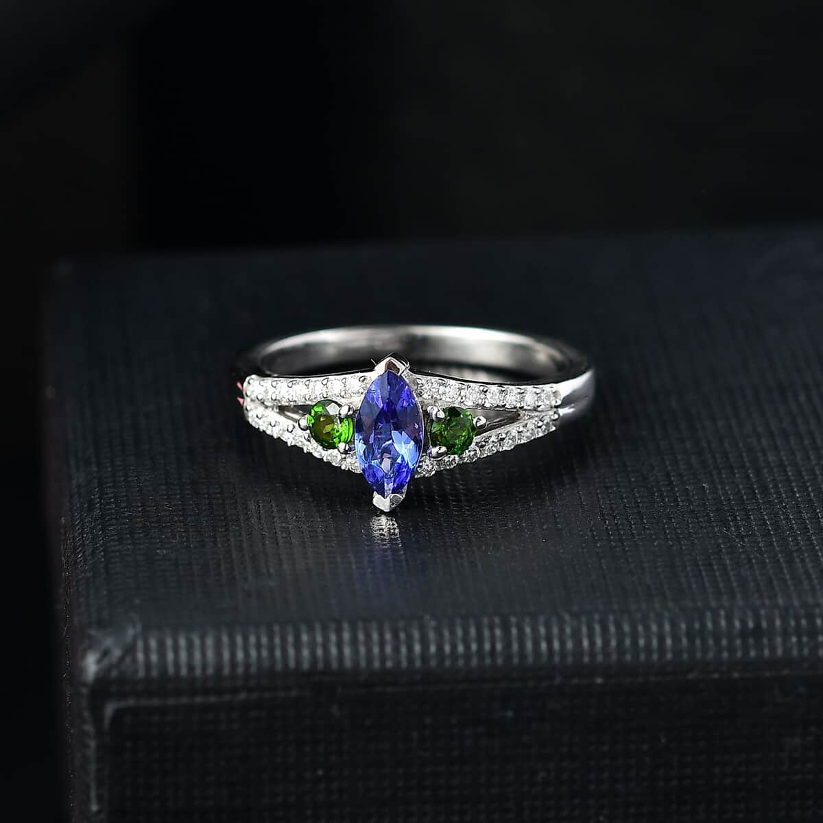 AAA Tanzanites and Multi Gemstone 0.70 ctw Split Shank Ring in Rhodium Over Sterling Silver (Size 10.0) image number 1