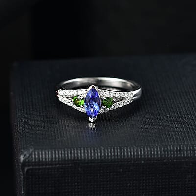 D'Joy AAA Tanzanites and Multi Gemstone 0.70 ctw Split Shank Ring in Rhodium Over Sterling Silver (Size 10.0)