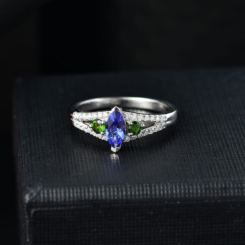 D'Joy AAA Tanzanites and Multi Gemstone 0.70 ctw Split Shank Ring in Rhodium Over Sterling Silver (Size 10.0)