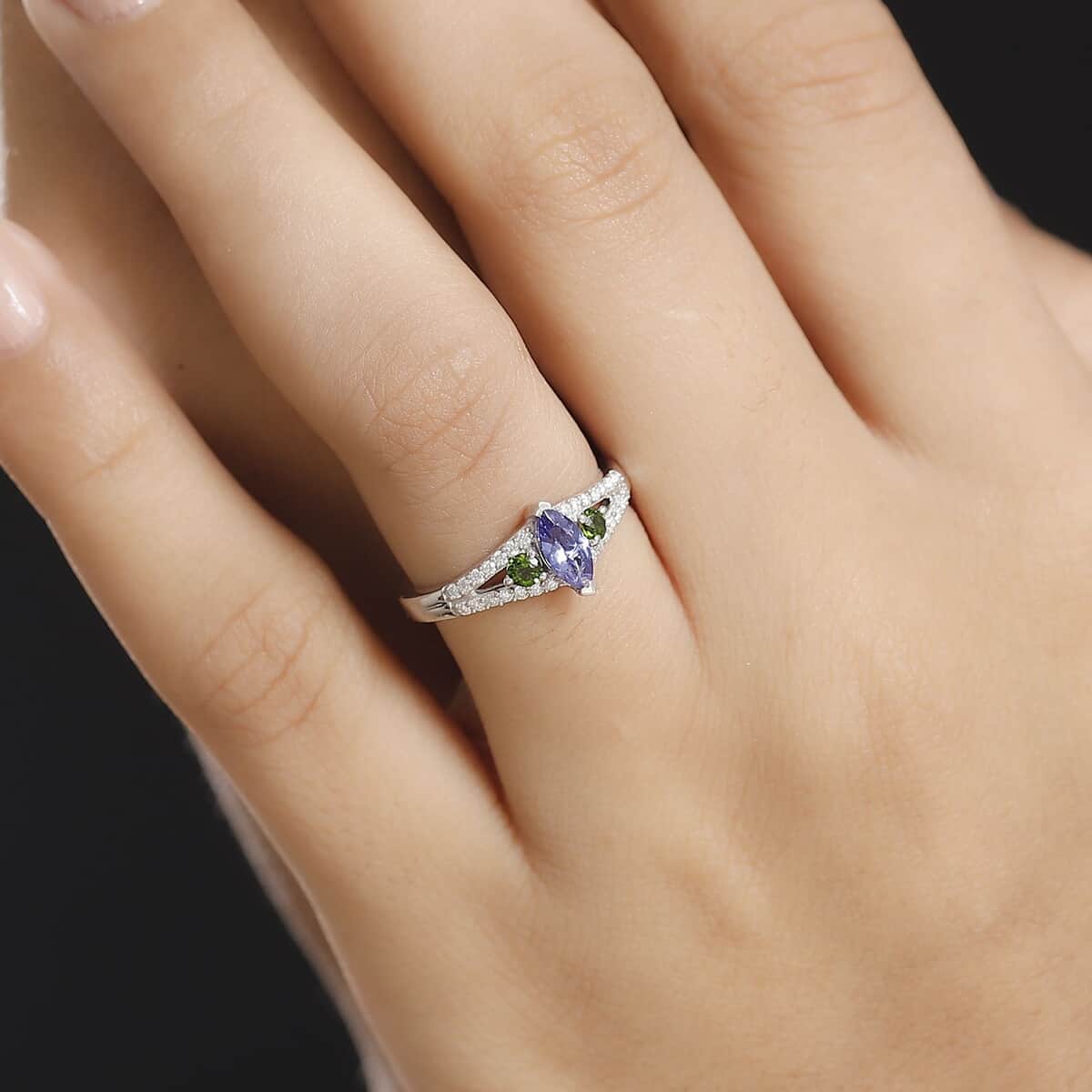 AAA Tanzanites and Multi Gemstone 0.70 ctw Split Shank Ring in Rhodium Over Sterling Silver (Size 10.0) image number 2