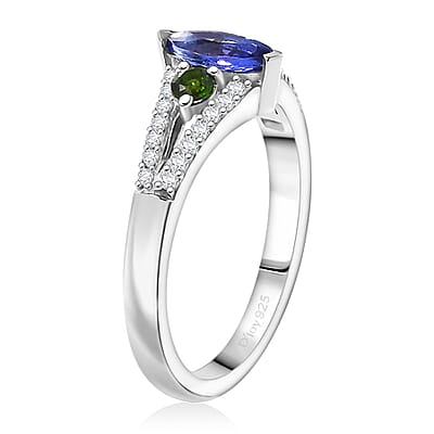 D'Joy AAA Tanzanites and Multi Gemstone 0.70 ctw Split Shank Ring in Rhodium Over Sterling Silver (Size 10.0)