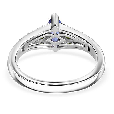 D'Joy AAA Tanzanites and Multi Gemstone 0.70 ctw Split Shank Ring in Rhodium Over Sterling Silver (Size 10.0)