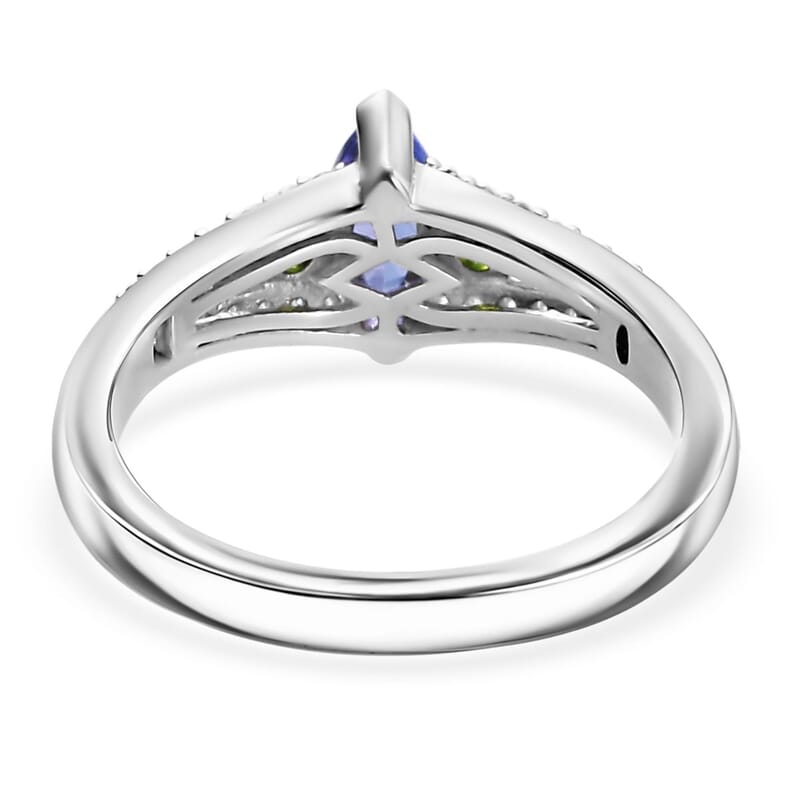 D'Joy AAA Tanzanites and Multi Gemstone 0.70 ctw Split Shank Ring in Rhodium Over Sterling Silver (Size 10.0)