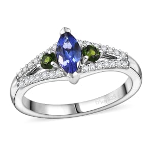 AAA Tanzanites and Multi Gemstone 0.70 ctw Split Shank Ring in Rhodium Over Sterling Silver (Size 9.0)