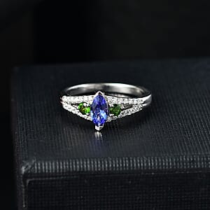 D'Joy AAA Tanzanites and Multi Gemstone 0.70 ctw Split Shank Ring in Rhodium Over Sterling Silver (Size 9.0)