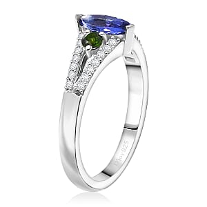 D'Joy AAA Tanzanites and Multi Gemstone 0.70 ctw Split Shank Ring in Rhodium Over Sterling Silver (Size 9.0)