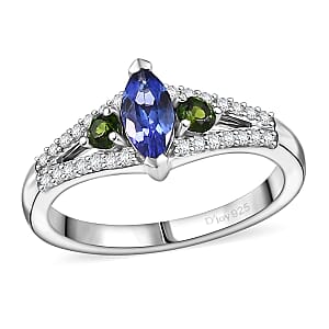 D'Joy AAA Tanzanites and Multi Gemstone 0.70 ctw Split Shank Ring in Rhodium Over Sterling Silver (Size 5.0)
