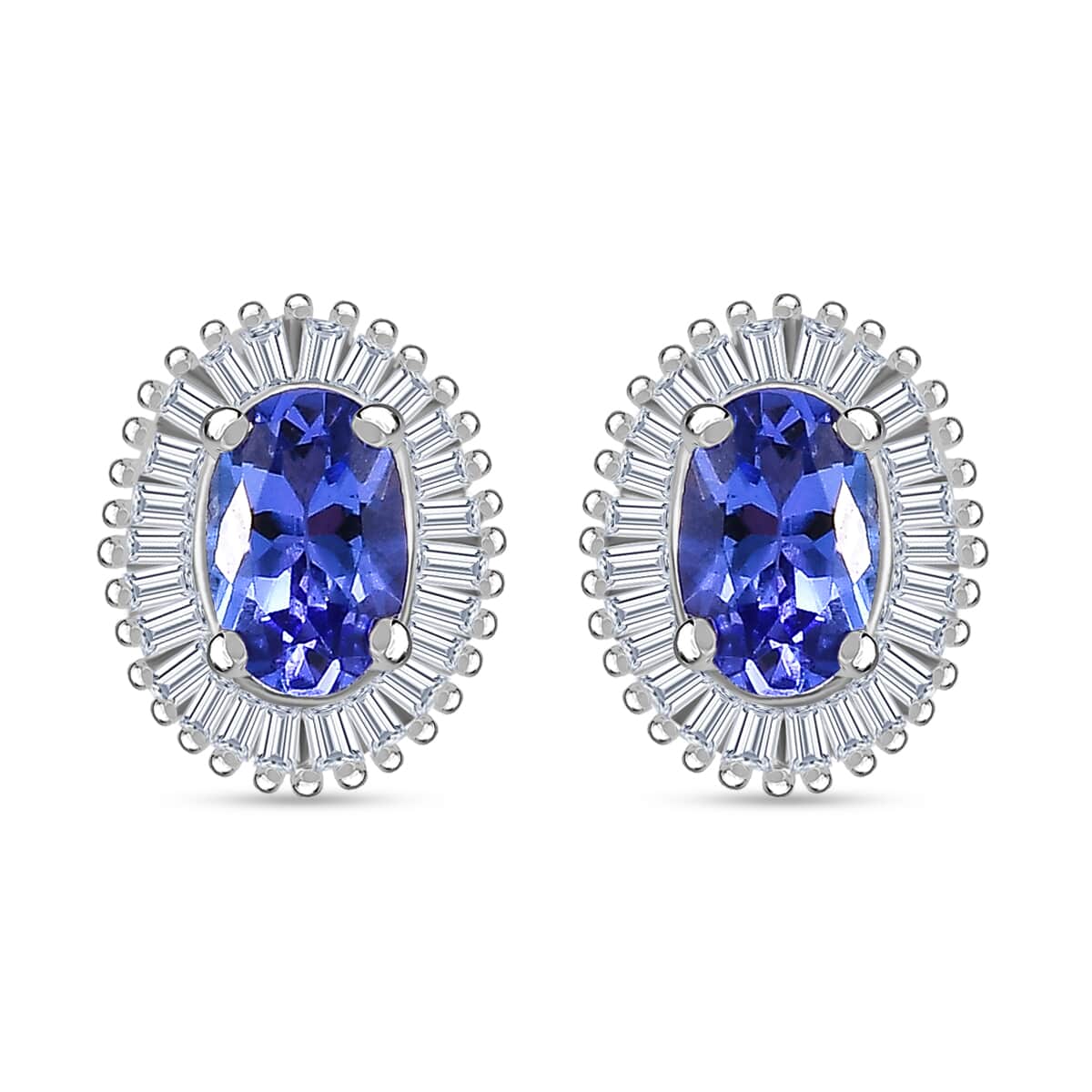 AAA Tanzanite and Diamond 1.30 ctw Halo Earrings in Rhodium Over Sterling Silver image number 0