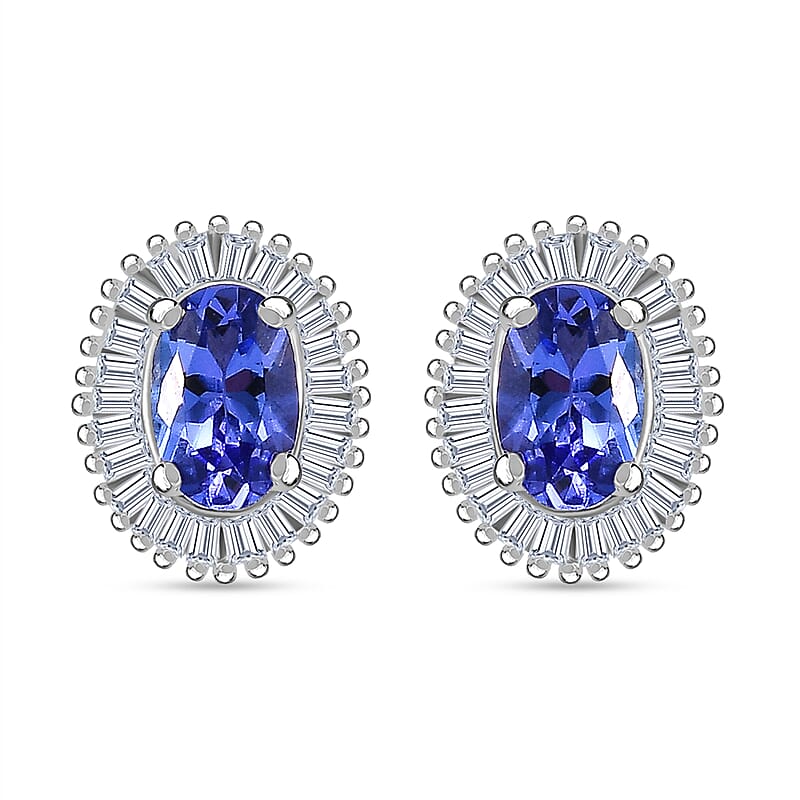 D'Joy AAA Tanzanite and Diamond 1.30 ctw Halo Earrings in Rhodium Over Sterling Silver