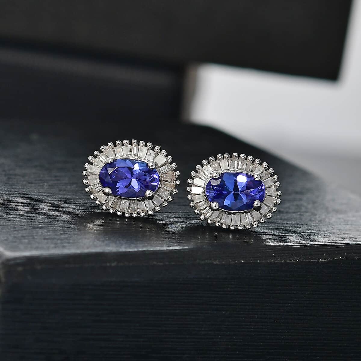 AAA Tanzanite and Diamond 1.30 ctw Halo Earrings in Rhodium Over Sterling Silver image number 1