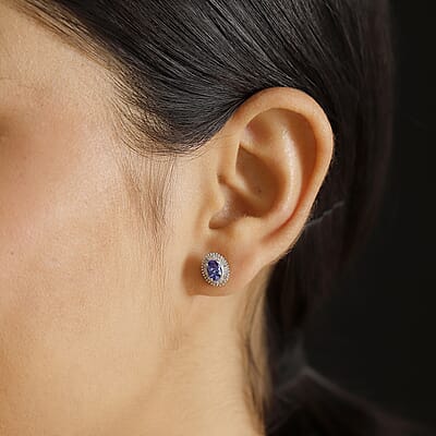 D'Joy AAA Tanzanite and Diamond 1.30 ctw Halo Earrings in Rhodium Over Sterling Silver