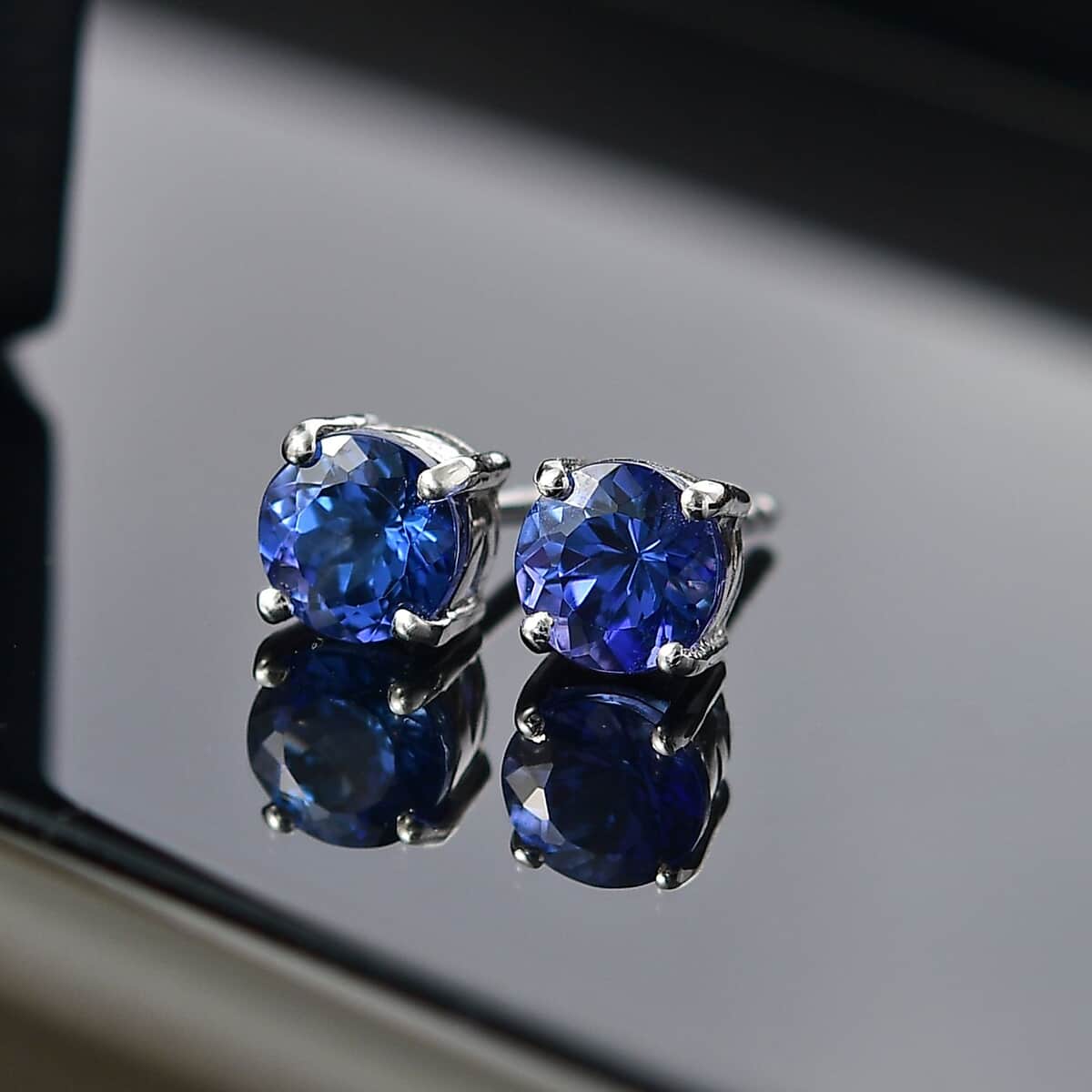 AAA Tanzanite 1.50 ctw Solitaire Stud Earrings in Rhodium Over Sterling Silver image number 1