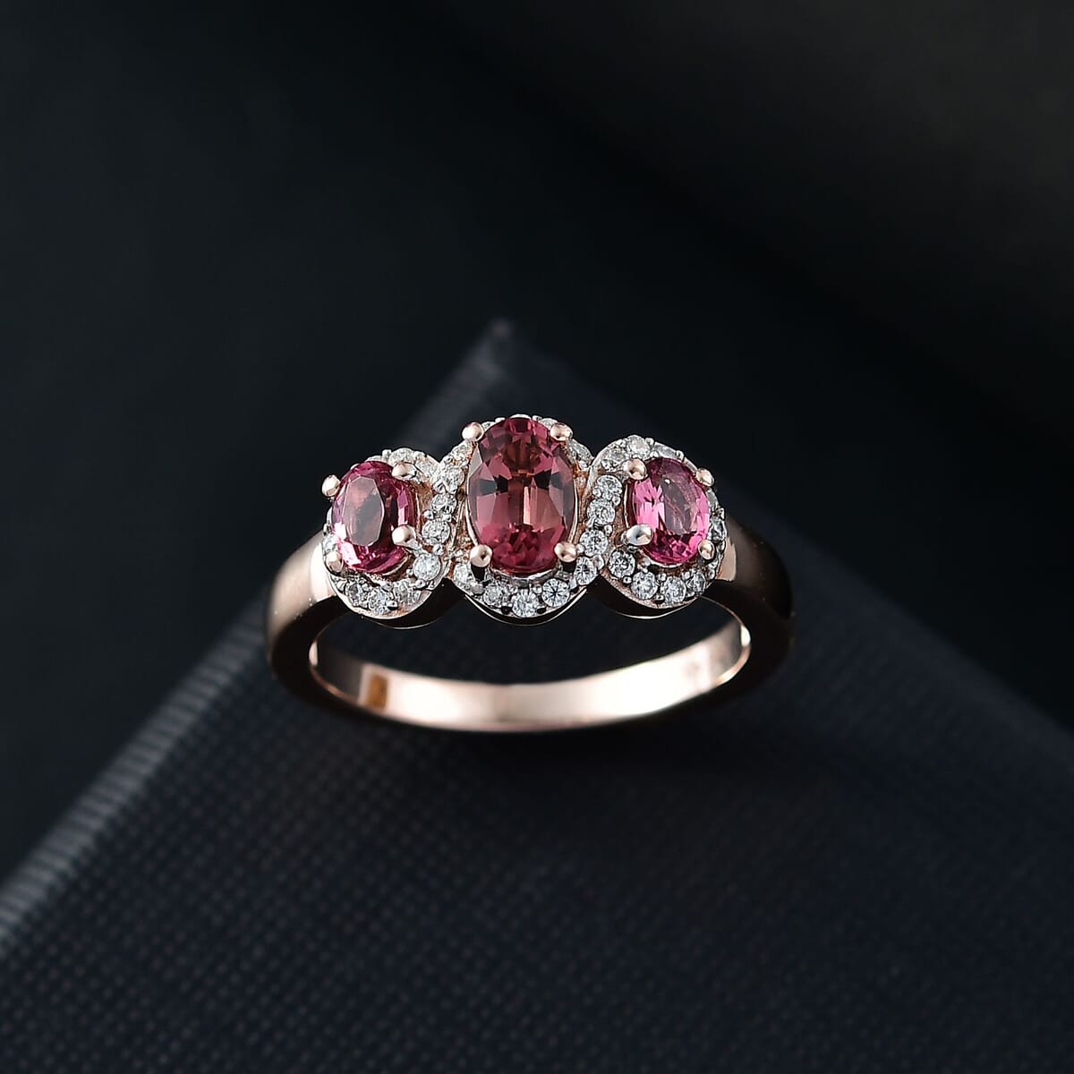 Ouro Fino Rubellite and Moissanite 1.15 ctw Triple Halo Ring in 18K Vermeil Rose Gold Over Sterling Silver (Size 10.0) image number 1