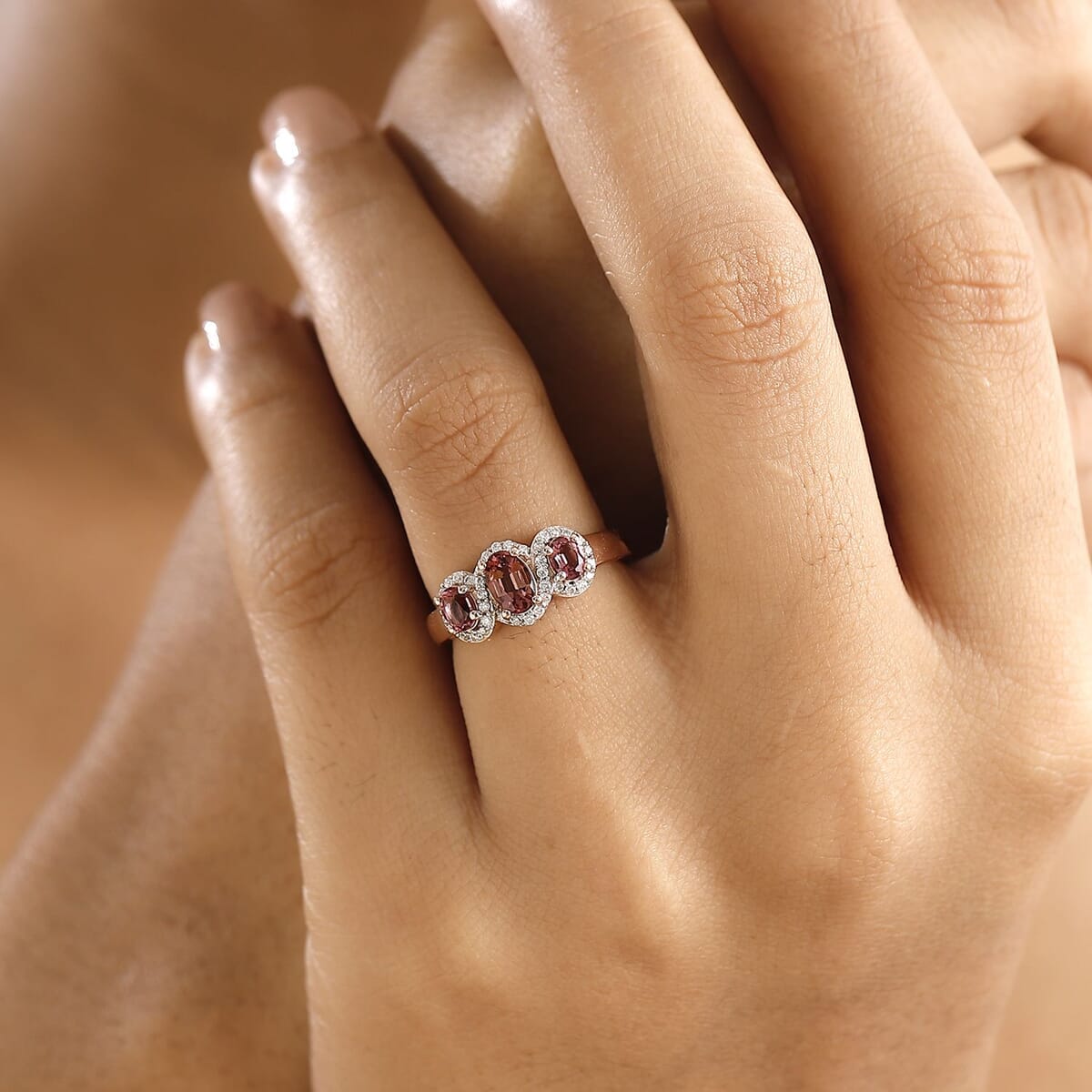 Ouro Fino Rubellite and Moissanite 1.15 ctw Triple Halo Ring in 18K Vermeil Rose Gold Over Sterling Silver (Size 10.0) image number 2