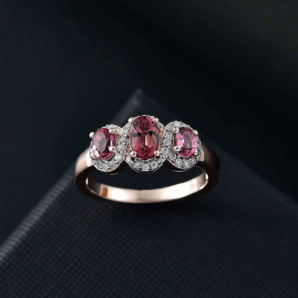 D'Joy Ouro Fino Rubellite and Moissanite 1.15 ctw Triple Halo Ring in 18K Vermeil Rose Gold Over Sterling Silver (Size 5.0) image number 1