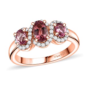 Ouro Fino Rubellite and Moissanite 1.15 ctw Triple Halo Ring in 18K Vermeil Rose Gold Over Sterling Silver (Size 9.0)